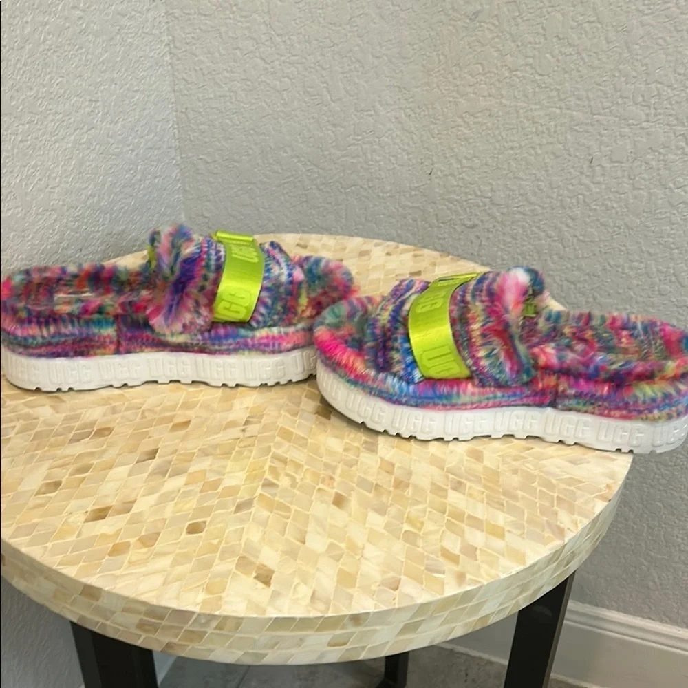 UGG Pink and Green Fuzzy Slippers
